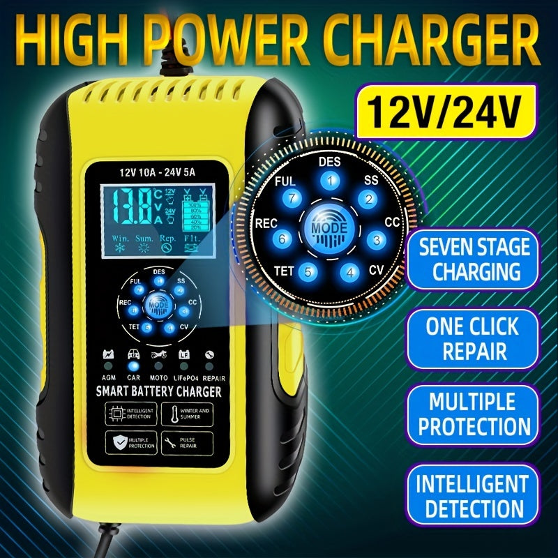 Smart 10-Amp 12V/24V Battery Charger & Maintainer - Temperature Compensated For Cars, Motorcycles, Trucks, Lawn Mowers & Boats