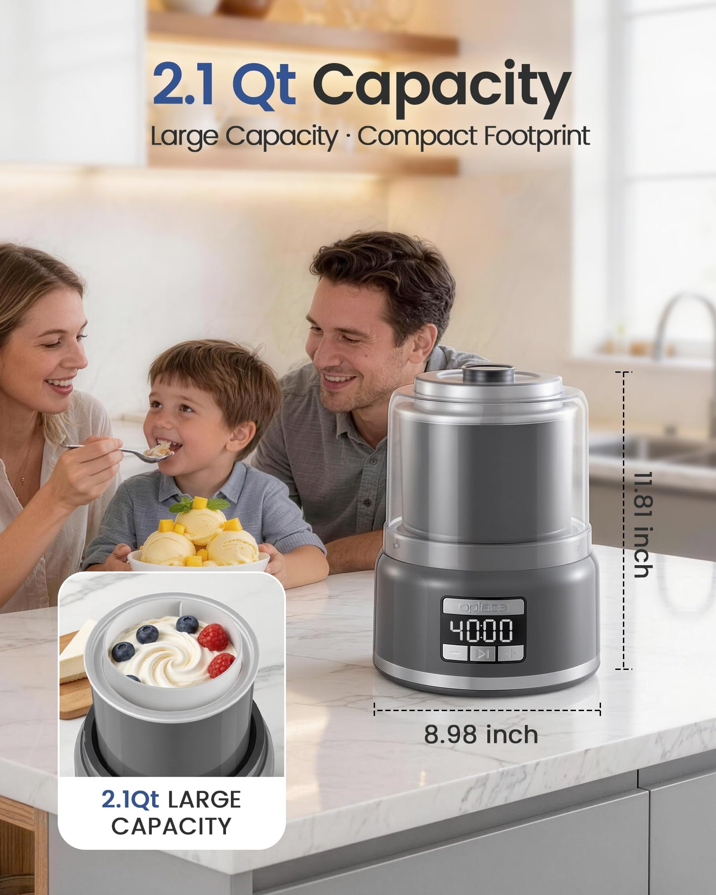 2.1 Qt Countertop Ice Cream Maker – Make Gelato, Sorbet & Frozen Yogurt in as Little as 20–30 Minutes, Fast Cooling, Visible Feeding Port, Easy 3-Button Control (Gray)