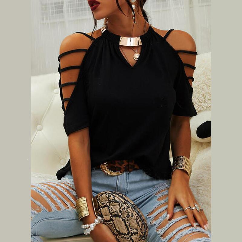 Fashion Round Neck Short Sleeve Off-the-shoulder Top