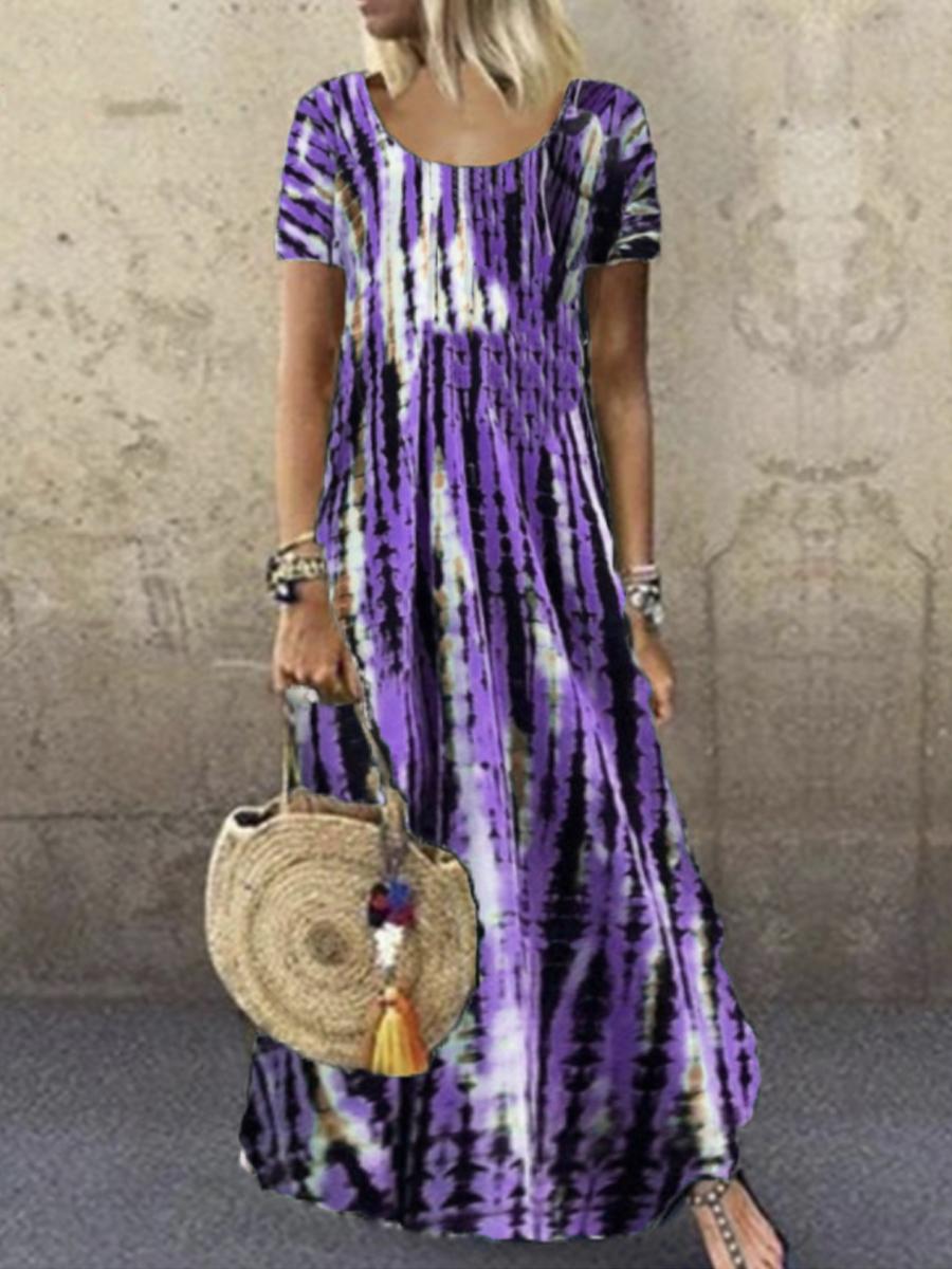 Ladies Round Neck Short Sleeve Tie-dye Printed Maxi Dress
