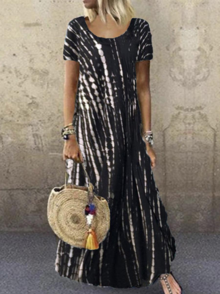 Ladies Round Neck Short Sleeve Tie-dye Printed Maxi Dress