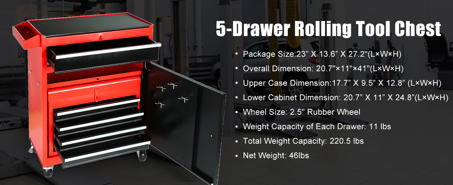5-Drawer Rolling Tool Chest, 2 in 1 Tool StoraCabinet with Detachable Top, Steel Tool Box with Wheels, Red and Black, Lockable, for GaraWorkshop