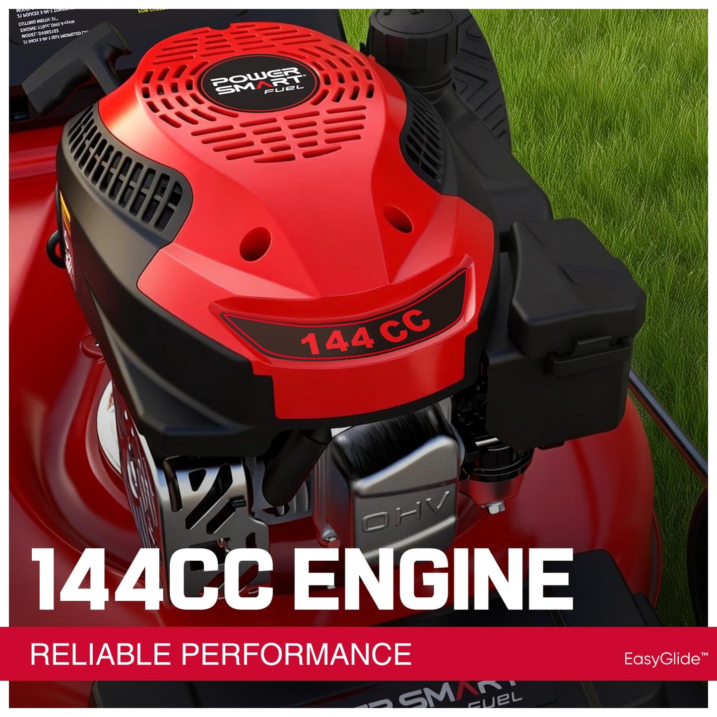 EasyGlide 21-Inch Gas Lawn Mower, 144cc 4-Stroke OHV Engine, Push Walk-Behind, 3-in-1 Mulch/Bag/Side Discharge, Steel Deck, 6 Height Adjustment