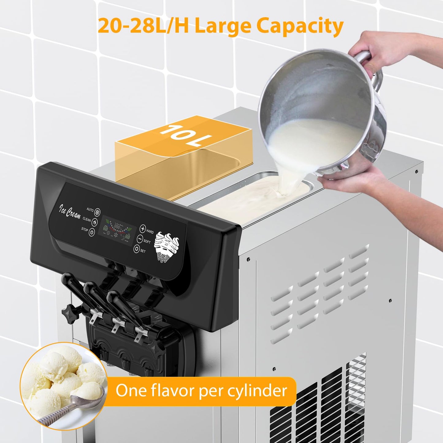 Commercial Soft Serve Ice Cream Machine, 2200W 3 Flavor Soft Serve Maker with LCD Touch Screen, 5.3-7.4 Gal/Hr High Output  Steel Countertop Ice Cream Maker for Restaurants, Snack Bars, Cafes