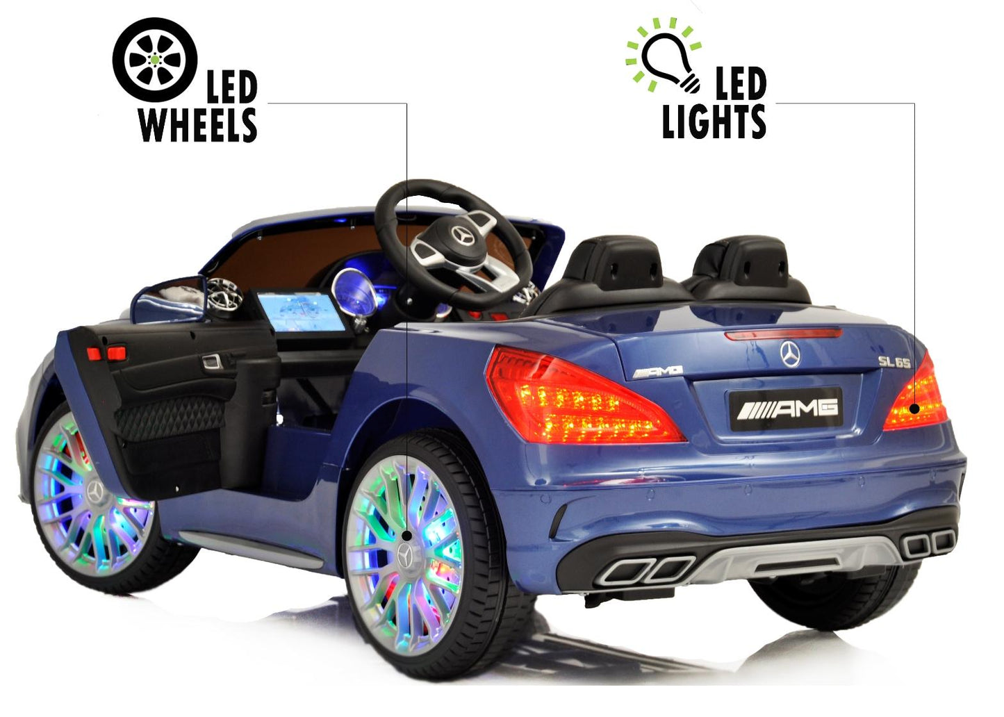12V Mercedes AMG SL65 Ride on power electric ONE SEATER car For ONE Kid with MP4 Touch Screen Remote Control LED lights MP3 - Blue