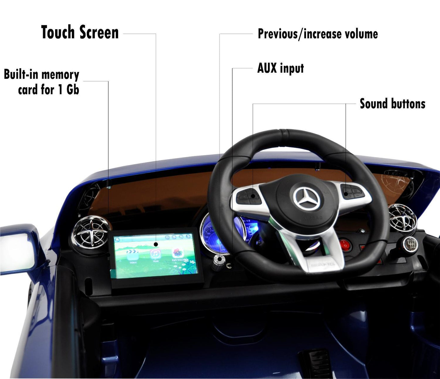 12V Mercedes AMG SL65 Ride on power electric ONE SEATER car For ONE Kid with MP4 Touch Screen Remote Control LED lights MP3 - Blue