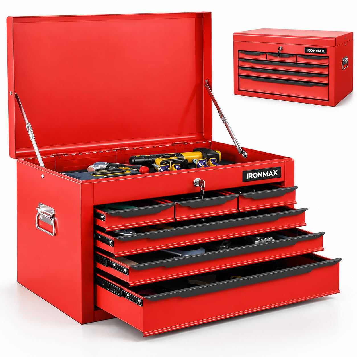 LarMetal Tool Box, Tool Box with 6 Drawers & Top Tray, Heavy-Duty Steel Tool Chest with Auto-LocDrawers and Side Handles for Gara& Workbench, Red