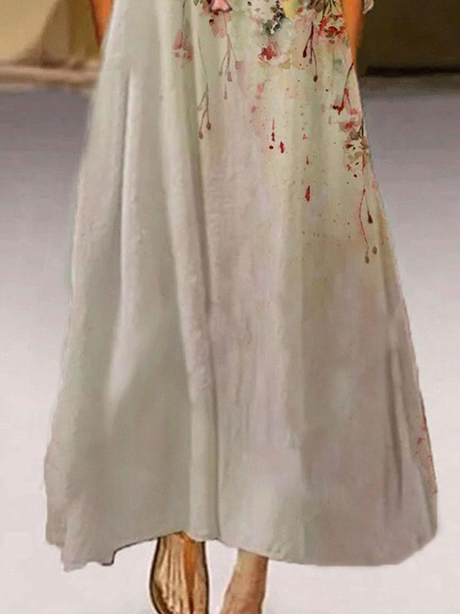 Flower Print Fashion Round Neck Long Sleeve Casual Maxi Dress
