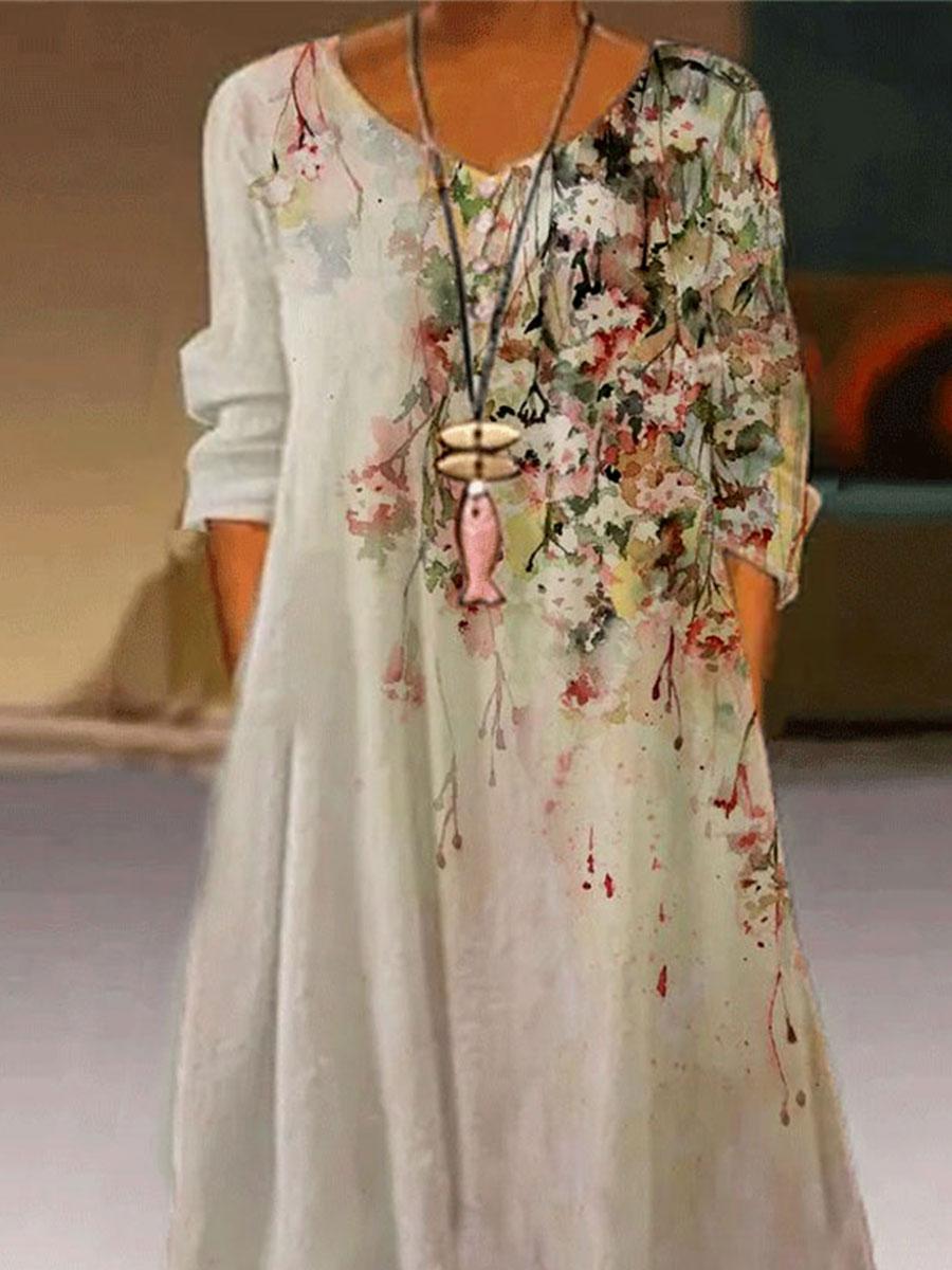 Flower Print Fashion Round Neck Long Sleeve Casual Maxi Dress