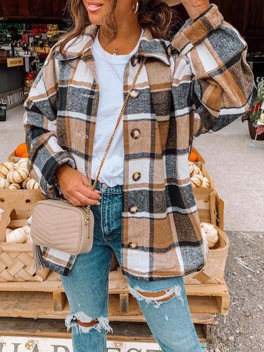 Long Sleeve Lapel Loose Plaid Shirt Jacket