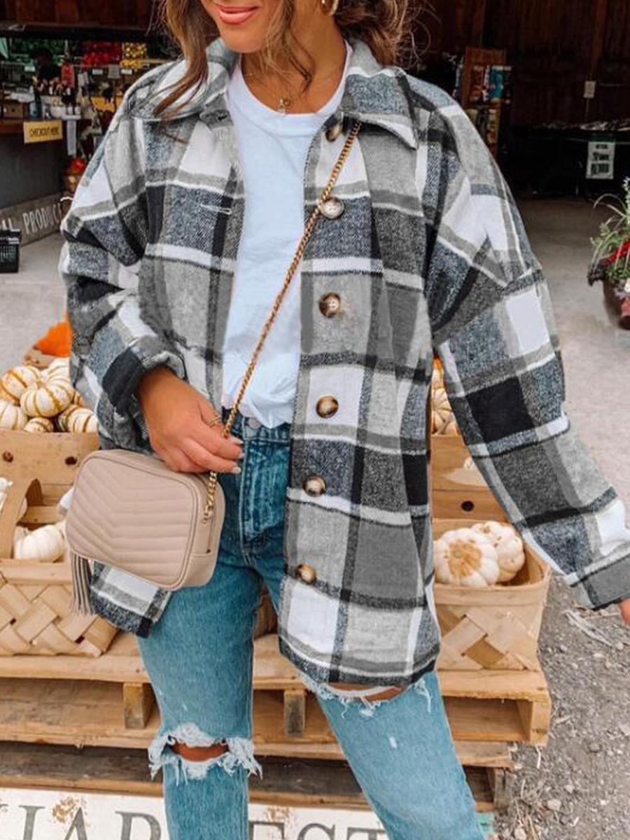 Long Sleeve Lapel Loose Plaid Shirt Jacket