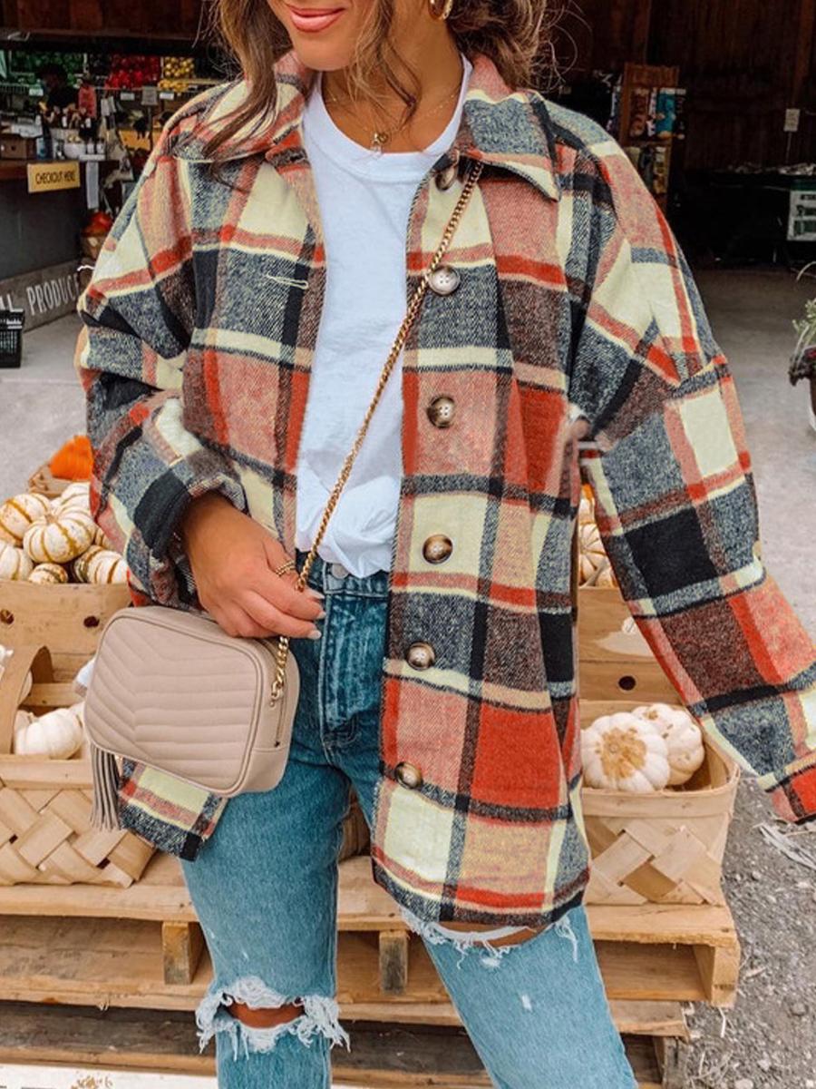 Long Sleeve Lapel Loose Plaid Shirt Jacket