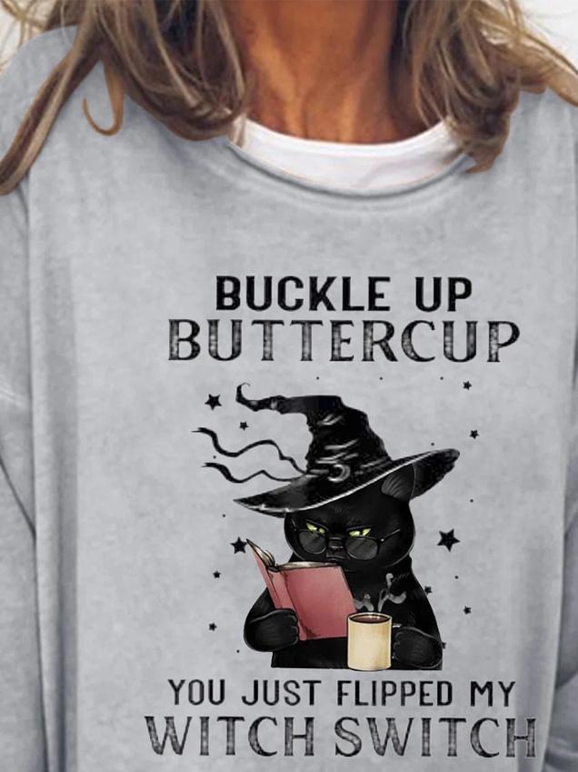 Casual Cat Printed Long-Sleeved Crew Neck Sweatshirt