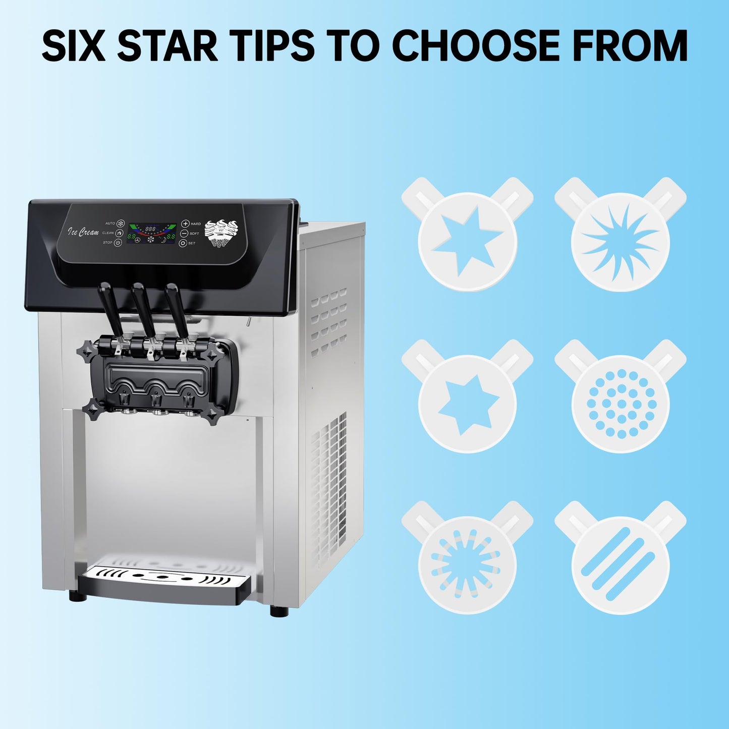 Commercial Soft Serve Ice Cream Machine, 2200W 3 Flavor Soft Serve Maker with LCD Touch Screen, 5.3-7.4 Gal/Hr High Output  Steel Countertop Ice Cream Maker for Restaurants, Snack Bars, Cafes