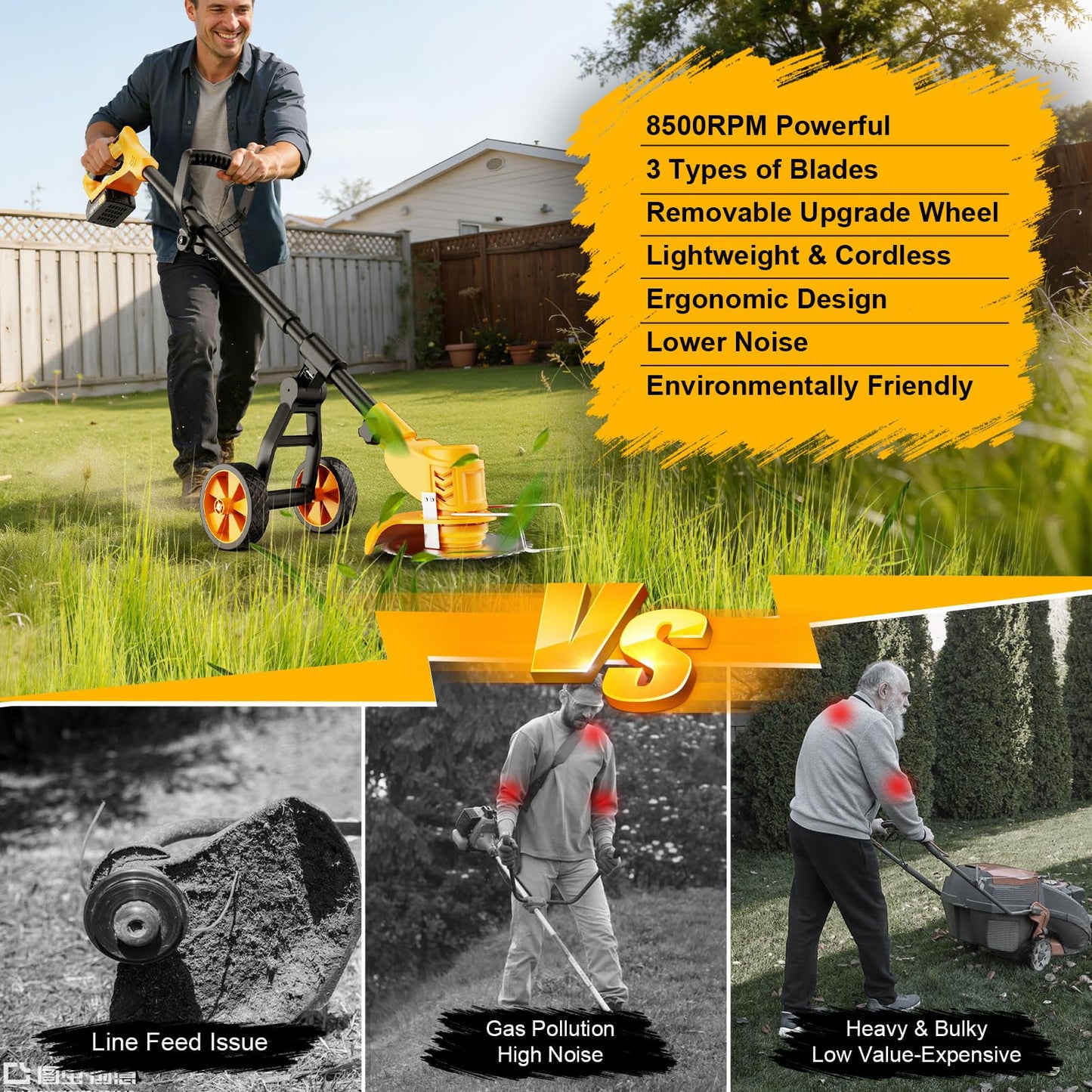 Electric Weed Wacker Cordless with Wheels,Electric Weed Eater Battery Powered,4 in 1 Grass Trimmer/Brush Cutter/Grass Edger/Small Lawn Mower,No String Trimmer with Metal Blade,2 Battery (Yellow)