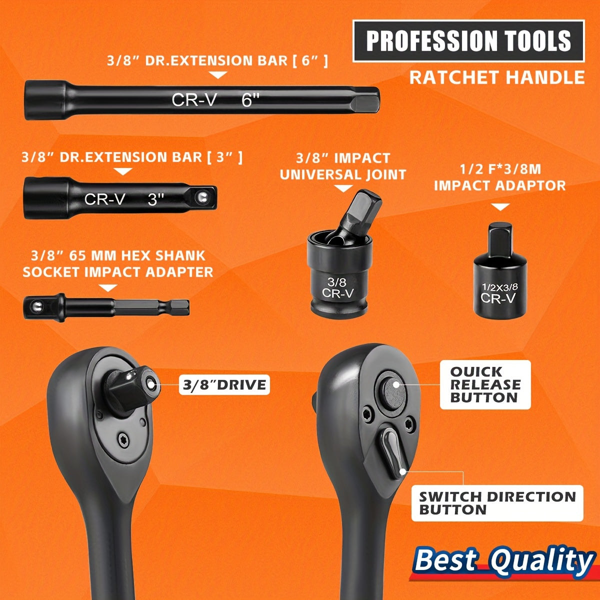 3/8" Socket Set, 6 Point, 50-Piece Standard Metric (8-22mm) And SAE (5/16-Inch To 3/4-Inch) Cr-V Steel Sockets With Adapters & Ratchet Handle