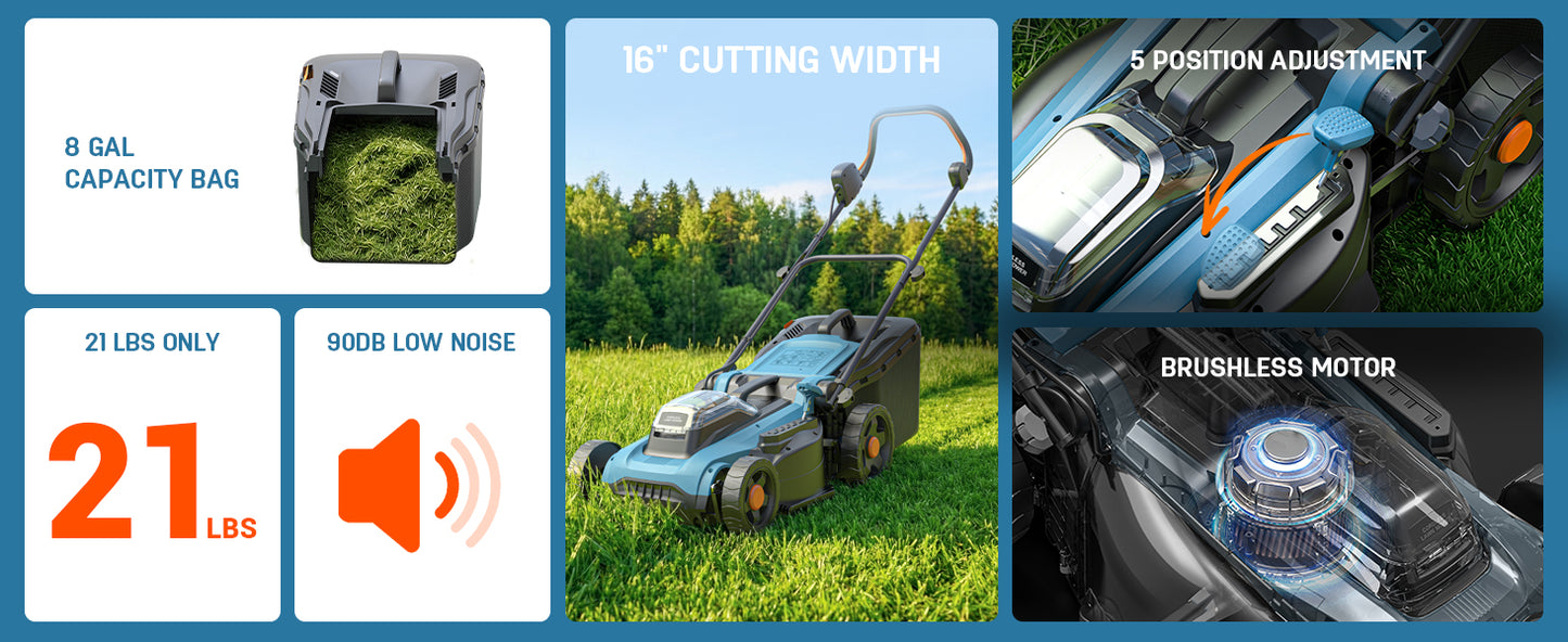 Cordless Electric Lawn Mower 16" Compatible with  18V Battery, 2-in-1 Brushless Push Mower with 5-Position Height Adjustment, Lightweight for Small Yards (Tool Only)