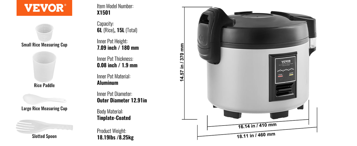 Commercial Rice Cooker, 70-Cup Rice Cooker, 15.85 Qt / 15 Liter LarRice Cooker and Warmer with Nonstick Inner Pot, Fast Cooand 12-Hour Keep Warm, with Rice Cup and Paddle, for Restaurant