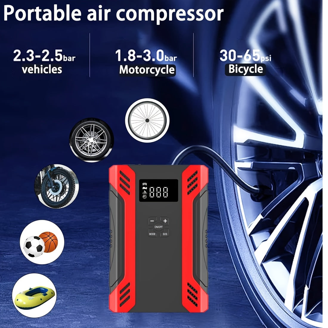 2000A Car Jump Starter With Air Compressor (8.0L Gas/5.0L Diesel), 6-in-1 Portable Charger Lithium Battery Box With Fast Charging 3.0 & DC12V 8A