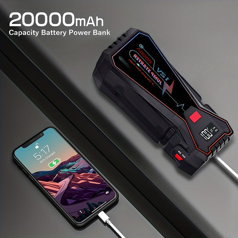2000A Peak Current Jumper Cables Kit For Car Upto 12V 2.11gal Gas/1.59gal Diesel Engine With USB  Charging And  LED Jump Starter Battery Pack