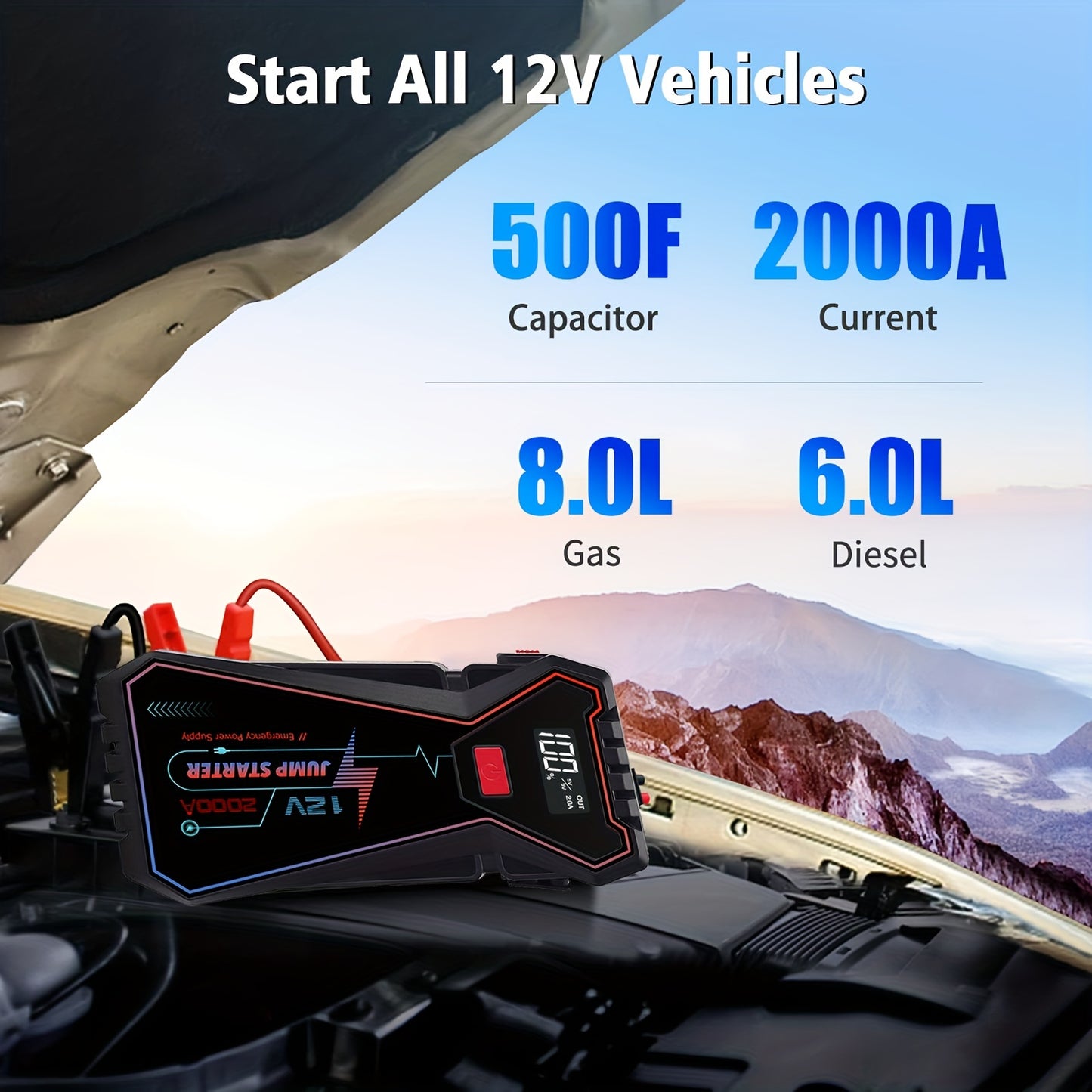 2000A Peak Current Jumper Cables Kit For Car Upto 12V 2.11gal Gas/1.59gal Diesel Engine With USB  Charging And  LED Jump Starter Battery Pack