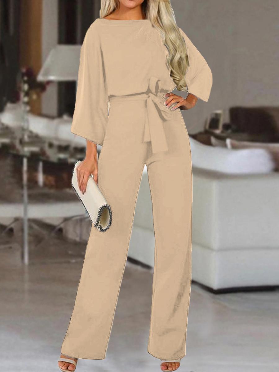 Solid Color Round Neck Long Sleeve Belted Jumpsuit