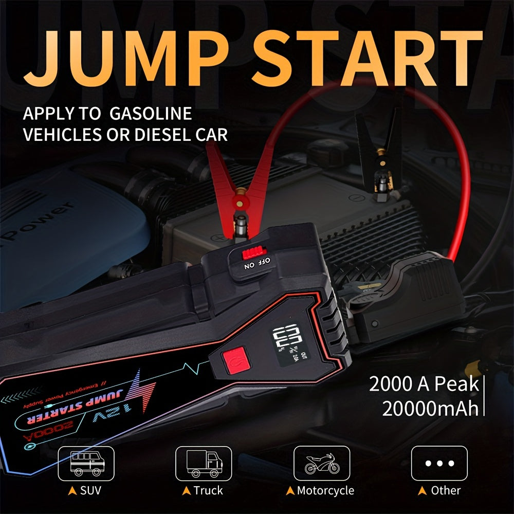 2000A Peak Current Jumper Cables Kit For Car Upto 12V 2.11gal Gas/1.59gal Diesel Engine With USB  Charging And  LED Jump Starter Battery Pack