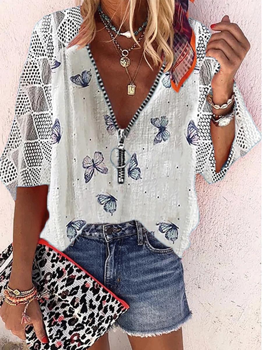 Fashion Butterfly Print V-neck Long Sleeve Loose Blouse