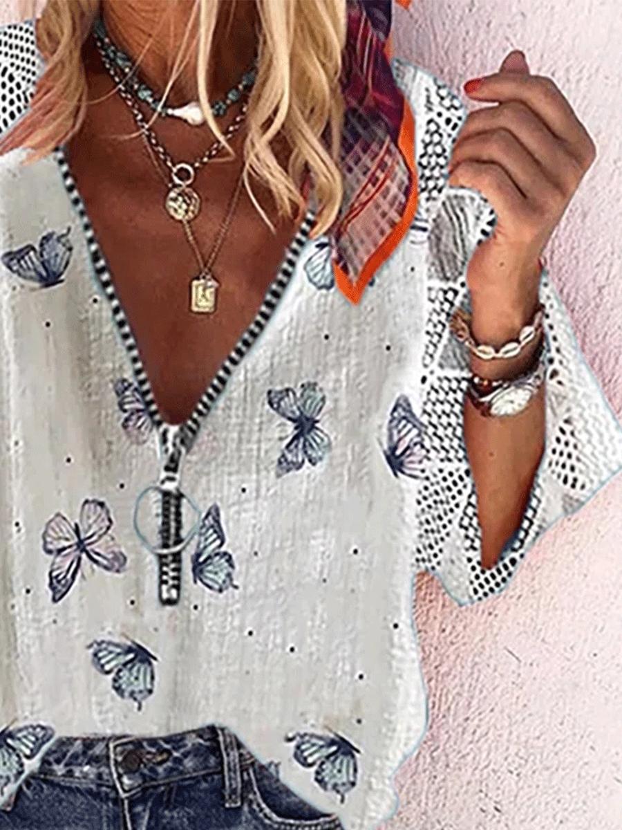 Fashion Butterfly Print V-neck Long Sleeve Loose Blouse