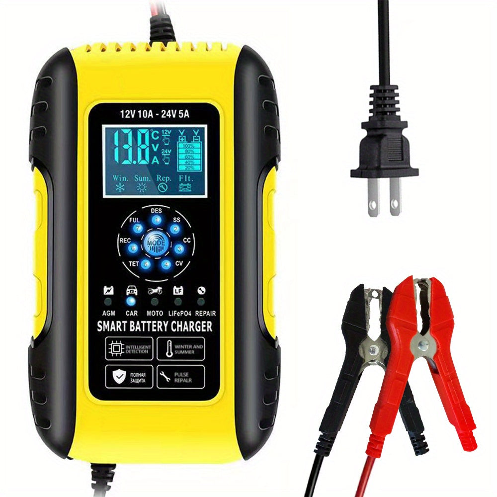 10-Amp Car Battery Charger 12V And 24V Smart Fully Automatic Battery Charger Maintainer Trickle Charger W/ Temperature Compensation For LawnLead Acid