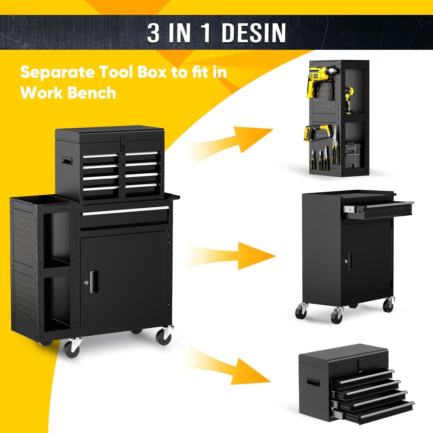 5-Drawers Rolling Tool Chest, Assembled Tool Box with Auto LocSystem & Lockable Wheels & Sliding Drawers & Detachable Top, Tool StoraCabinet
