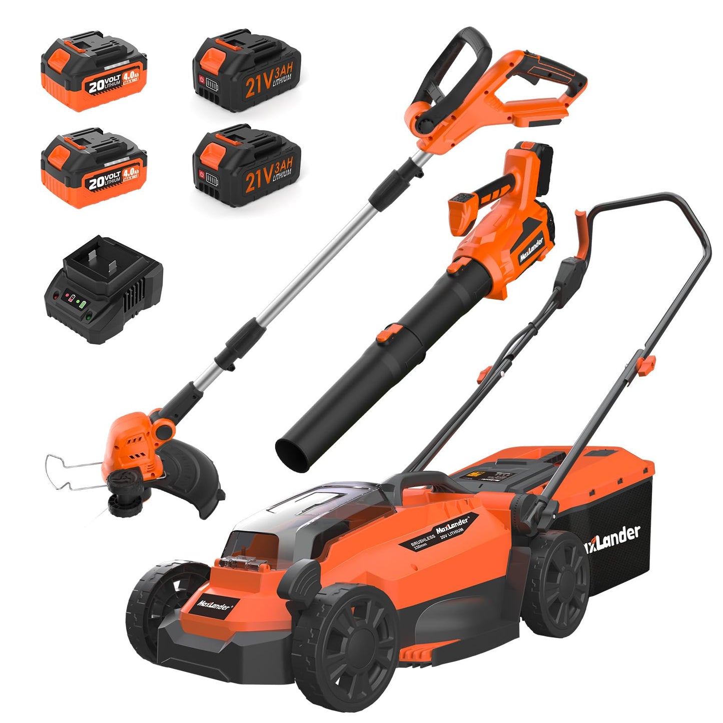 20V 13 Inch Electric Lawn Mower and 12 Inch Cordless Weed Wacker and 600CFM Cordless Leaf Blower Combo, Cordless Lawn Mower Set with 2 x 4.0Ah &amp; 2 x 3.0Ah Batteries and Dual Chargers