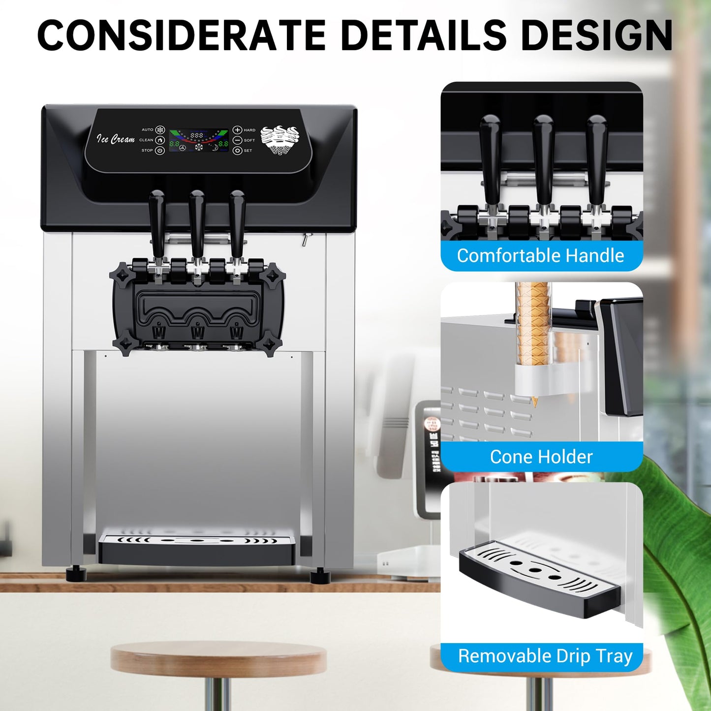 Commercial Soft Serve Ice Cream Machine, 2200W 3 Flavor Soft Serve Maker with LCD Touch Screen, 5.3-7.4 Gal/Hr High Output  Steel Countertop Ice Cream Maker for Restaurants, Snack Bars, Cafes
