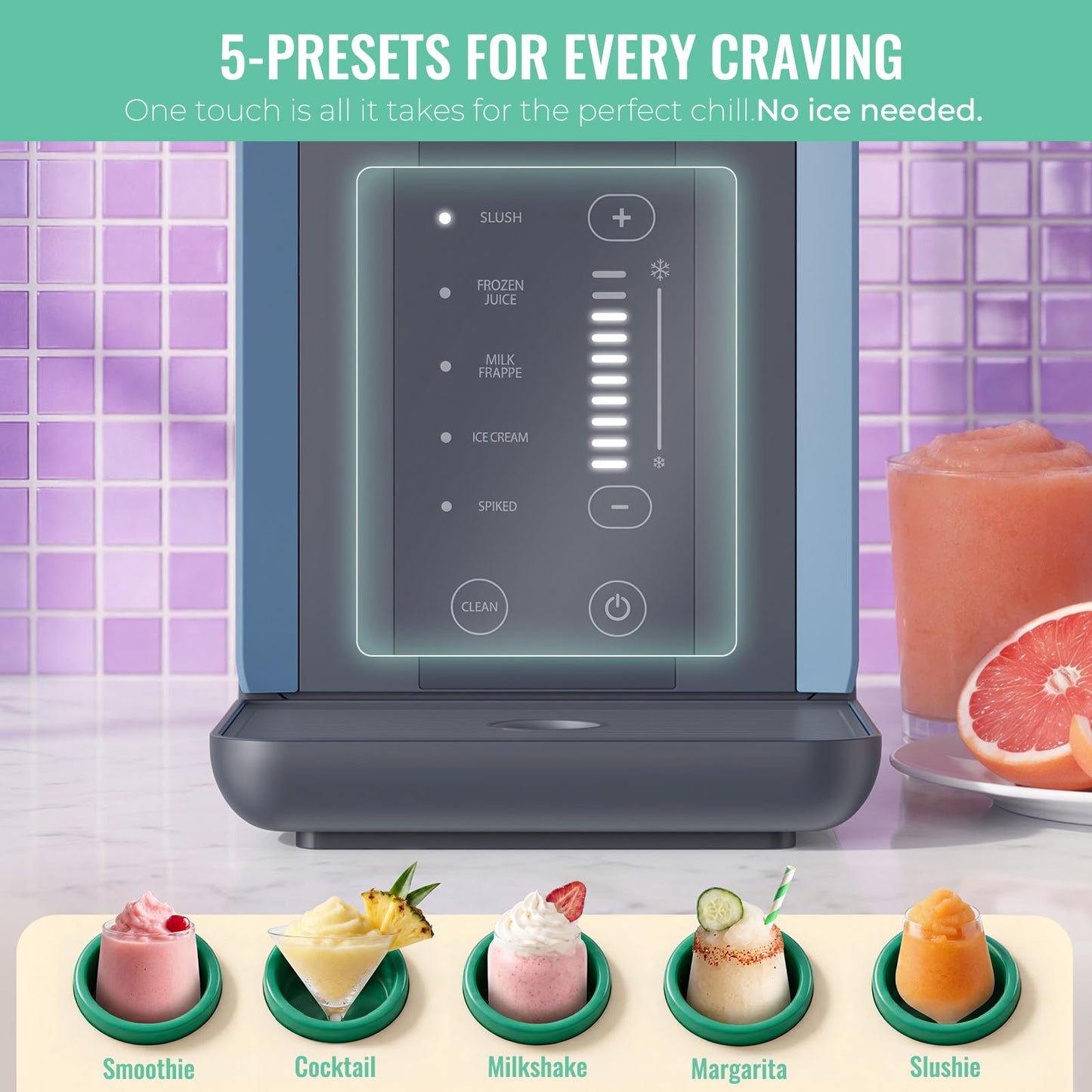 Slushie Machine for Home, 66oz Smart Frozen Drink Maker, 5 Programs & Clean Mode, No-Ice-Needed Slushy Maker for Margaritas, Smoothies, Milkshakes, Cocktails, and Soft Serve Ice Cream (Blue)