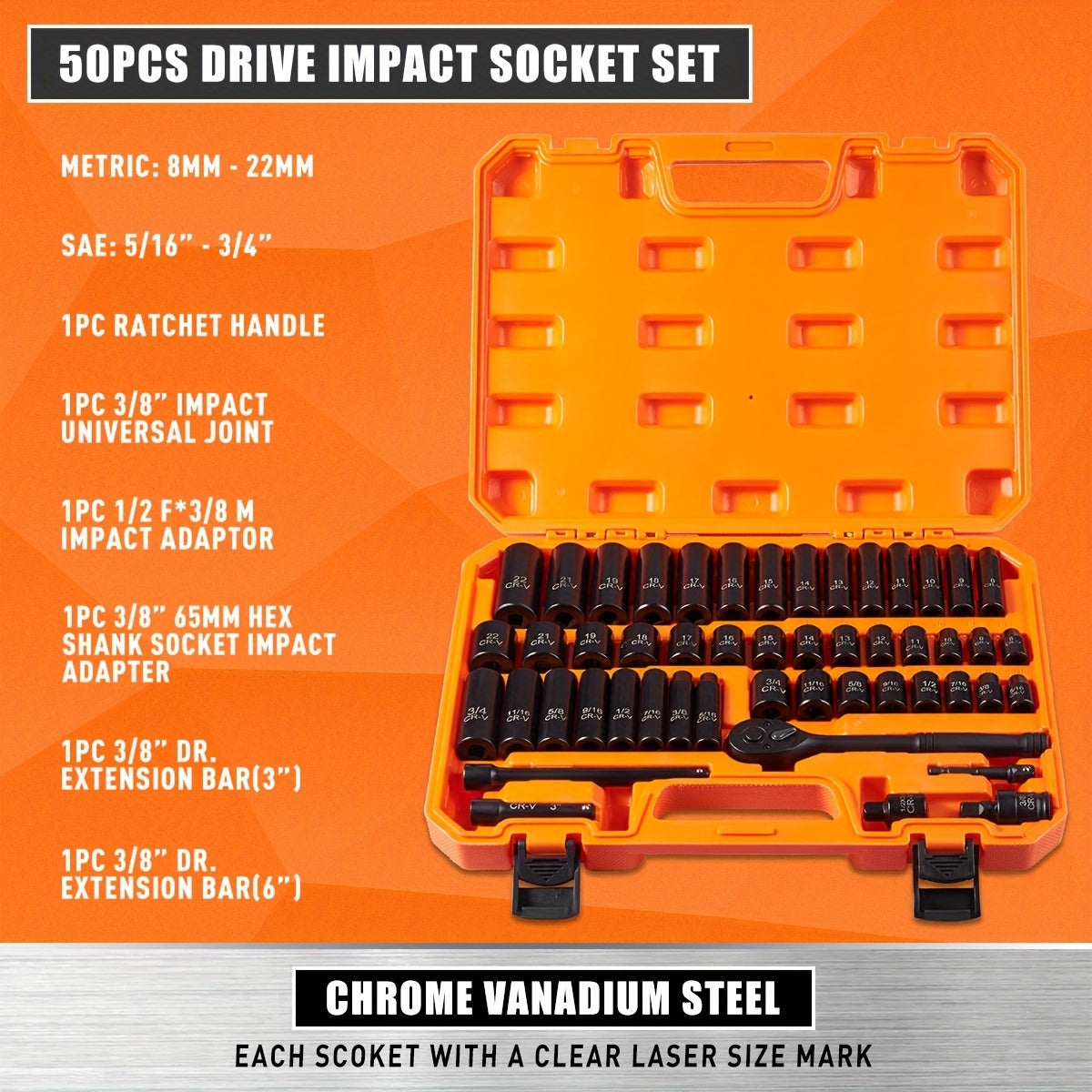 3/8" Socket Set, 6 Point, 50-Piece Standard Metric (8-22mm) And SAE (5/16-Inch To 3/4-Inch) Cr-V Steel Sockets With Adapters & Ratchet Handle