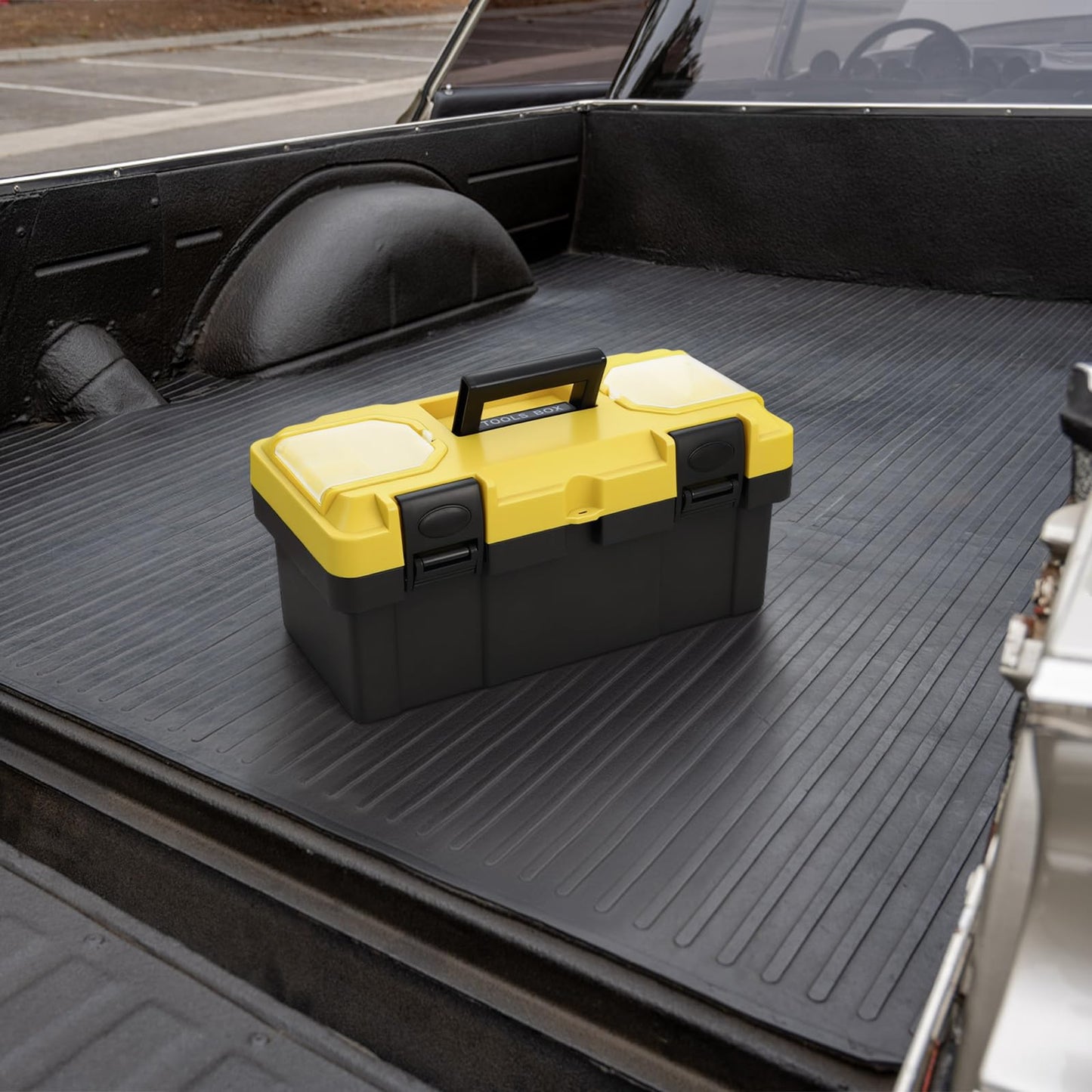 16 Inch Plastic Tool Box with Handle, Portable Toolbox with Removable Tray and Lockable , Heavy Duty Toolbox Organizer with Small Parts Box for Household Workshops Garages, Black Yellow