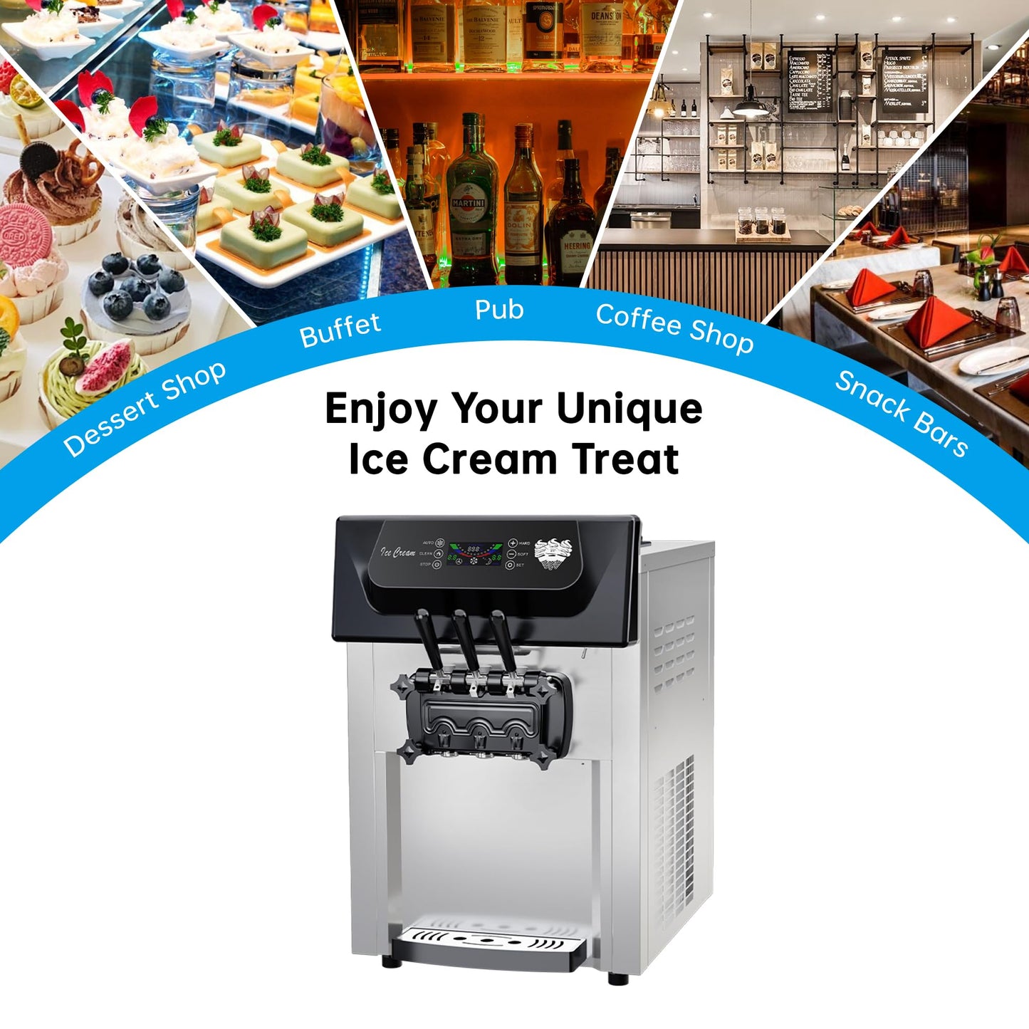 Commercial Soft Serve Ice Cream Machine, 2200W 3 Flavor Soft Serve Maker with LCD Touch Screen, 5.3-7.4 Gal/Hr High Output  Steel Countertop Ice Cream Maker for Restaurants, Snack Bars, Cafes