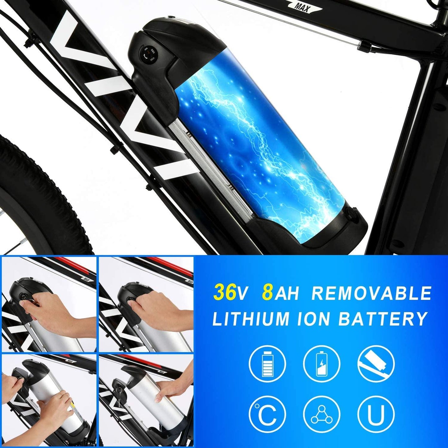 Vivi Electric Bike 26" Electric Mountain Bike, 350W/500W Ebike for Adults 20 MPH Adult Electric Bicycles with Removable 8Ah/12.5Ah Battery, Professional 21 Speed Gears, 3 Riding Modes