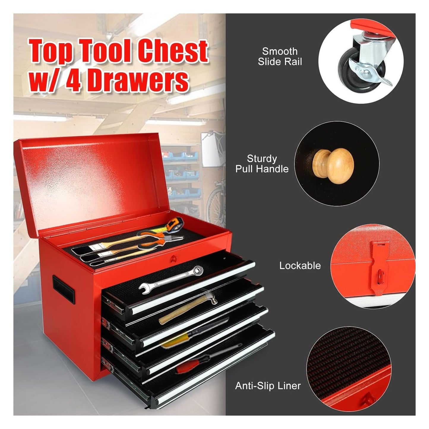 5-Drawer Rolling Tool Chest, 2 in 1 Tool StoraCabinet with Detachable Top, Steel Tool Box with Wheels, Red and Black, Lockable, for GaraWorkshop