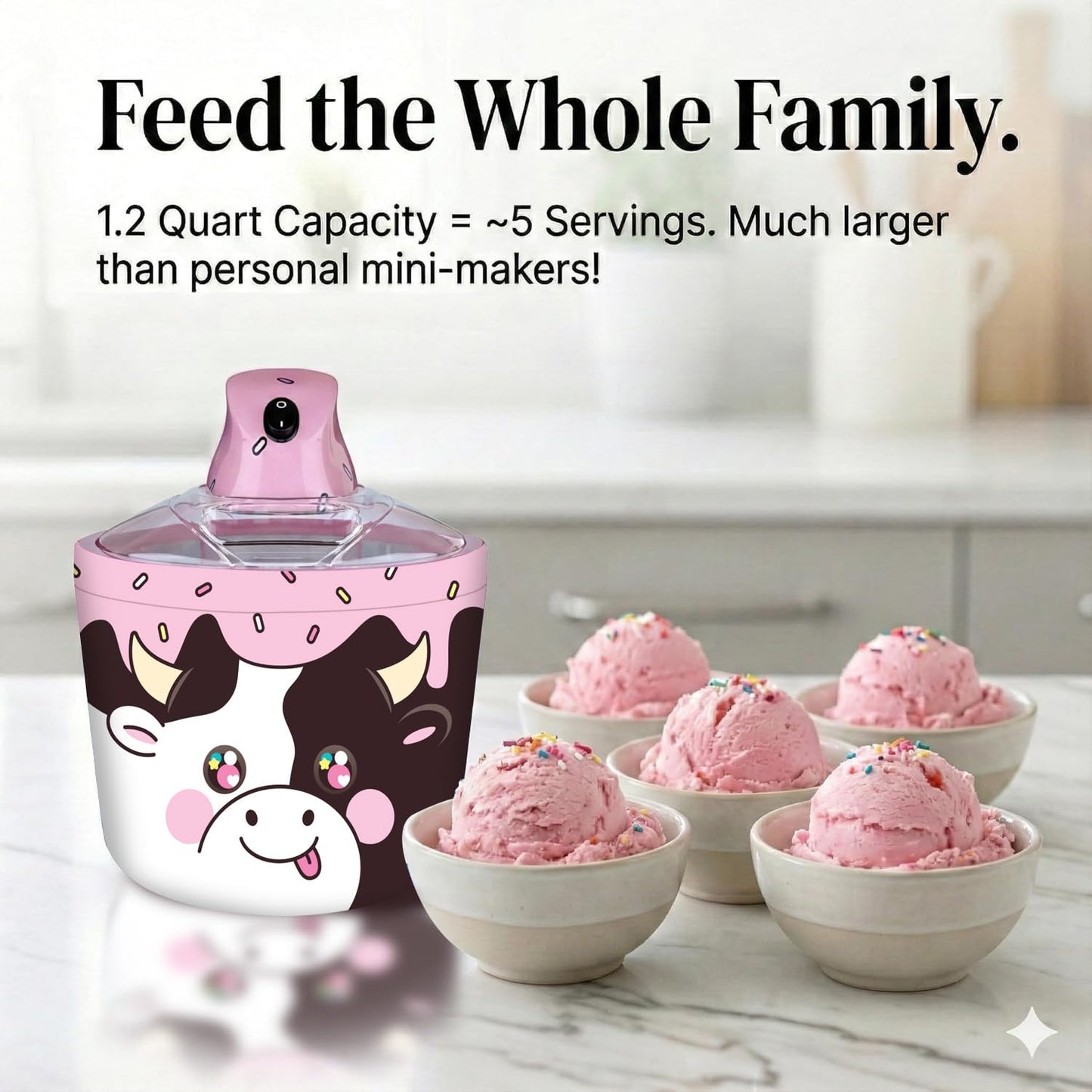 1.2 Qt Cow Electric Ice Cream Maker for Kids - Best Countertop Ice Cream Machine for Homemade Soft Serve, Sorbet, Gelato, Frozen Yogurt - Fun Desserts for Families, Easy to Clean