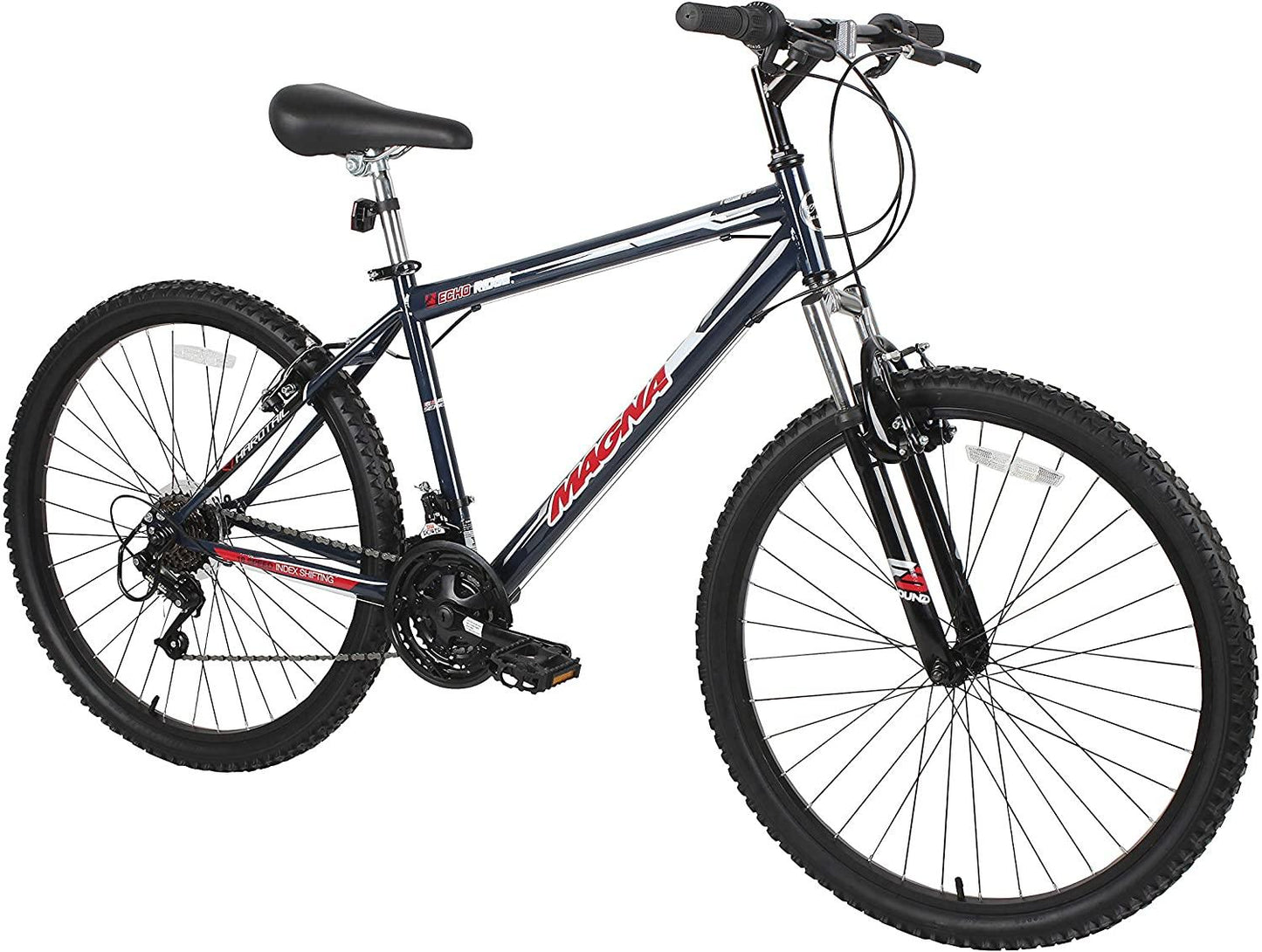 Dynacraft Magna Front Shock Mountain Bike Boys, Girls, Mens and Womens 24 and 26 Inch Wheels with 18 Speed Grip Shifter and Dual Handbrakes in Red, Purple, Pink and Black