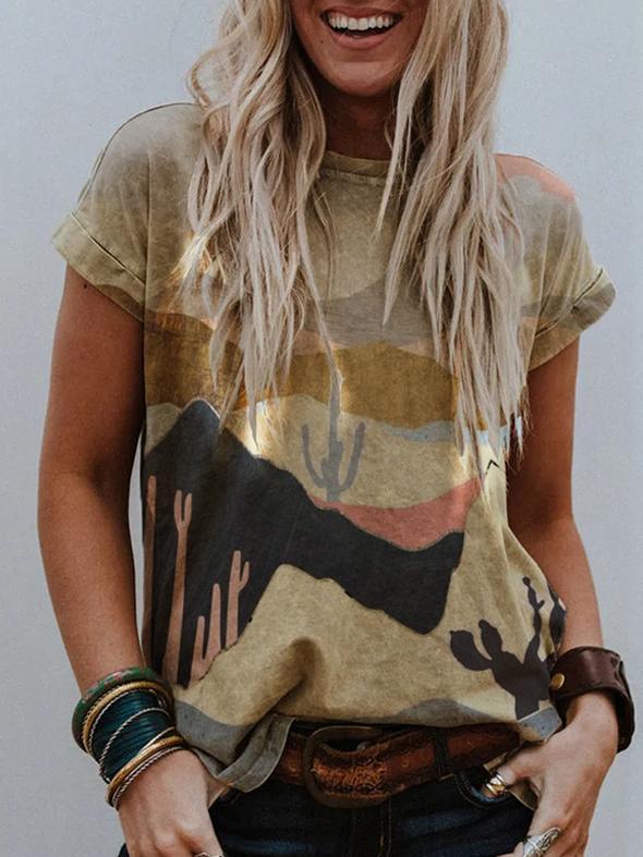 Lady Mountain Landscape Printed Round Neck Loose T-shirt