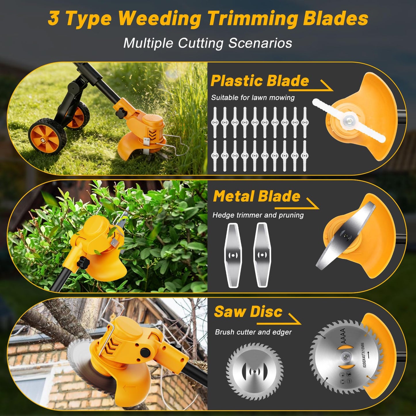 Electric Weed Wacker Cordless with Wheels,Electric Weed Eater Battery Powered,4 in 1 Grass Trimmer/Brush Cutter/Grass Edger/Small Lawn Mower,No String Trimmer with Metal Blade,2 Battery