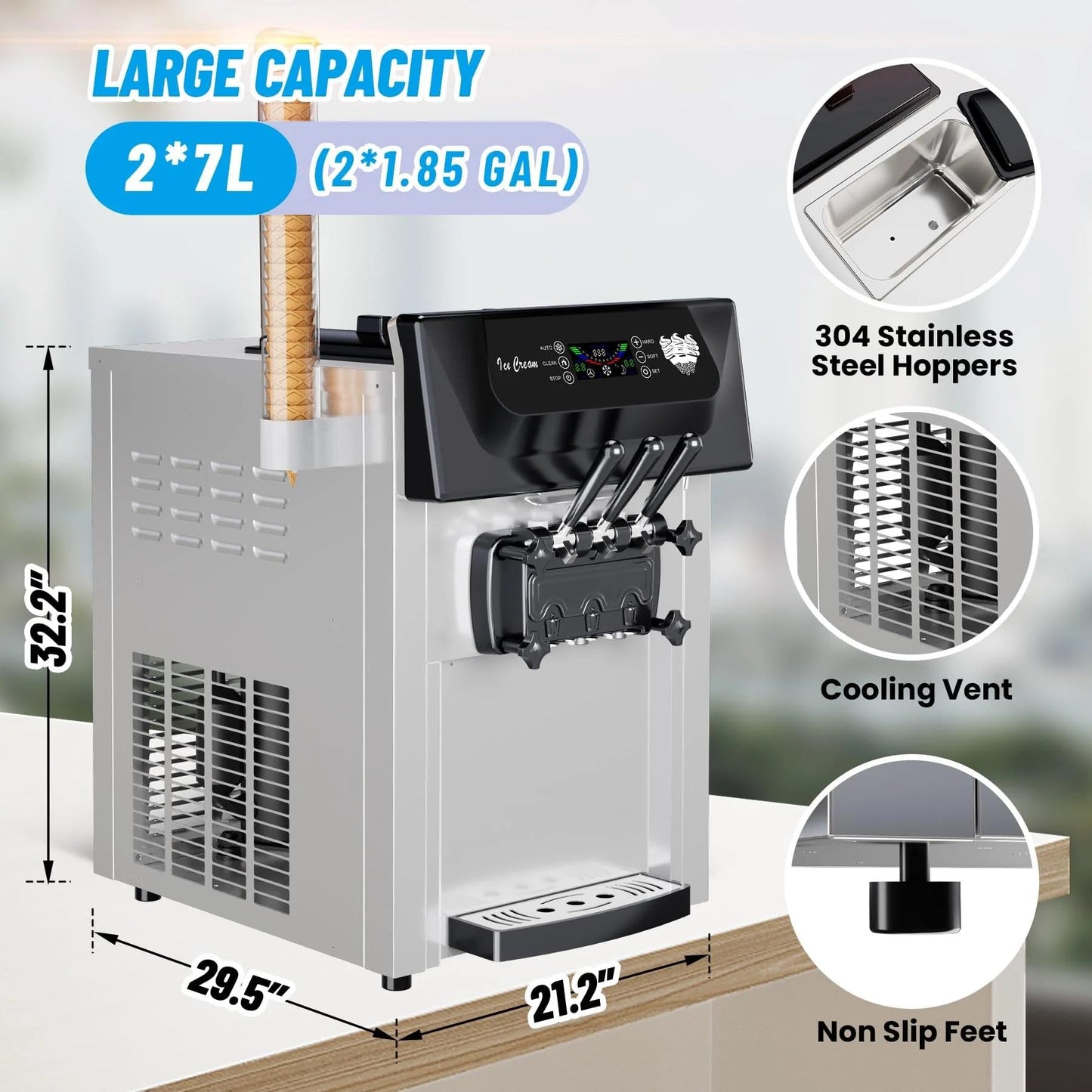 Commercial Soft Serve Ice Cream Machine, 2200W 3 Flavor Soft Serve Maker with LCD Touch Screen, 5.3-7.4 Gal/Hr High Output  Steel Countertop Ice Cream Maker for Restaurants, Snack Bars, Cafes