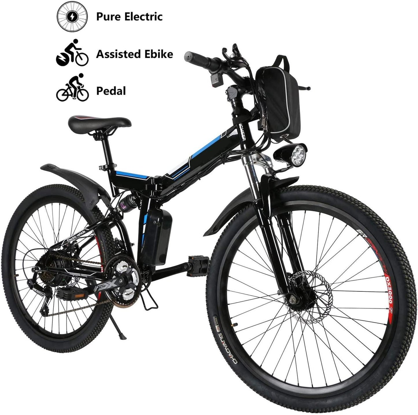 Yiilove 26'' Electric Bicycle Electric Mountain Bike for Adult with 36V Lithium-Ion Battery 250W Powerful Motor 21 Speed Ebike (Black Blue)