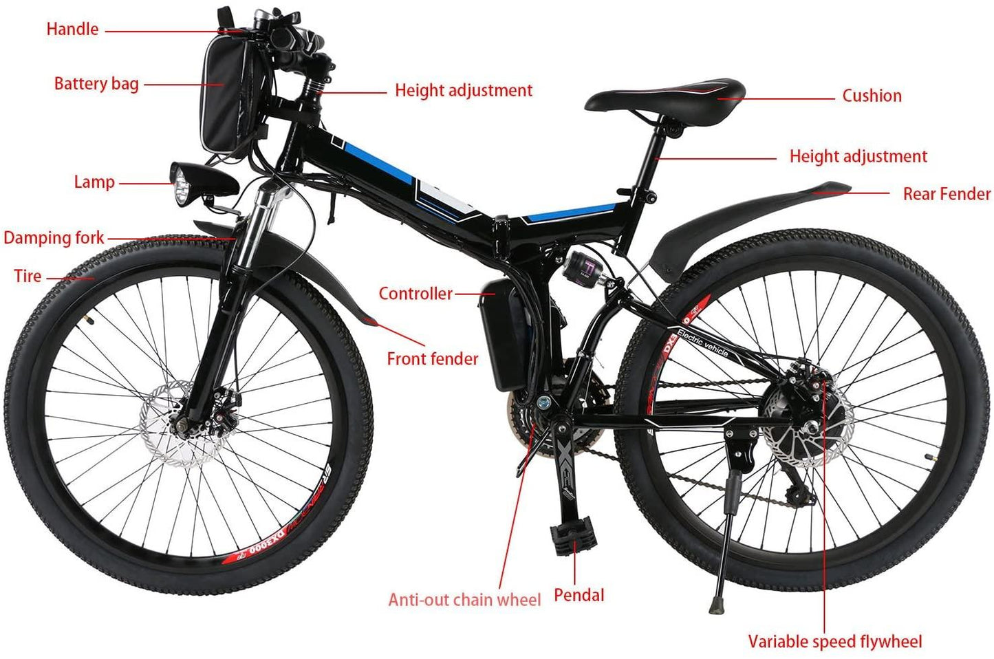 Yiilove 26'' Electric Bicycle Electric Mountain Bike for Adult with 36V Lithium-Ion Battery 250W Powerful Motor 21 Speed Ebike (Black Blue)