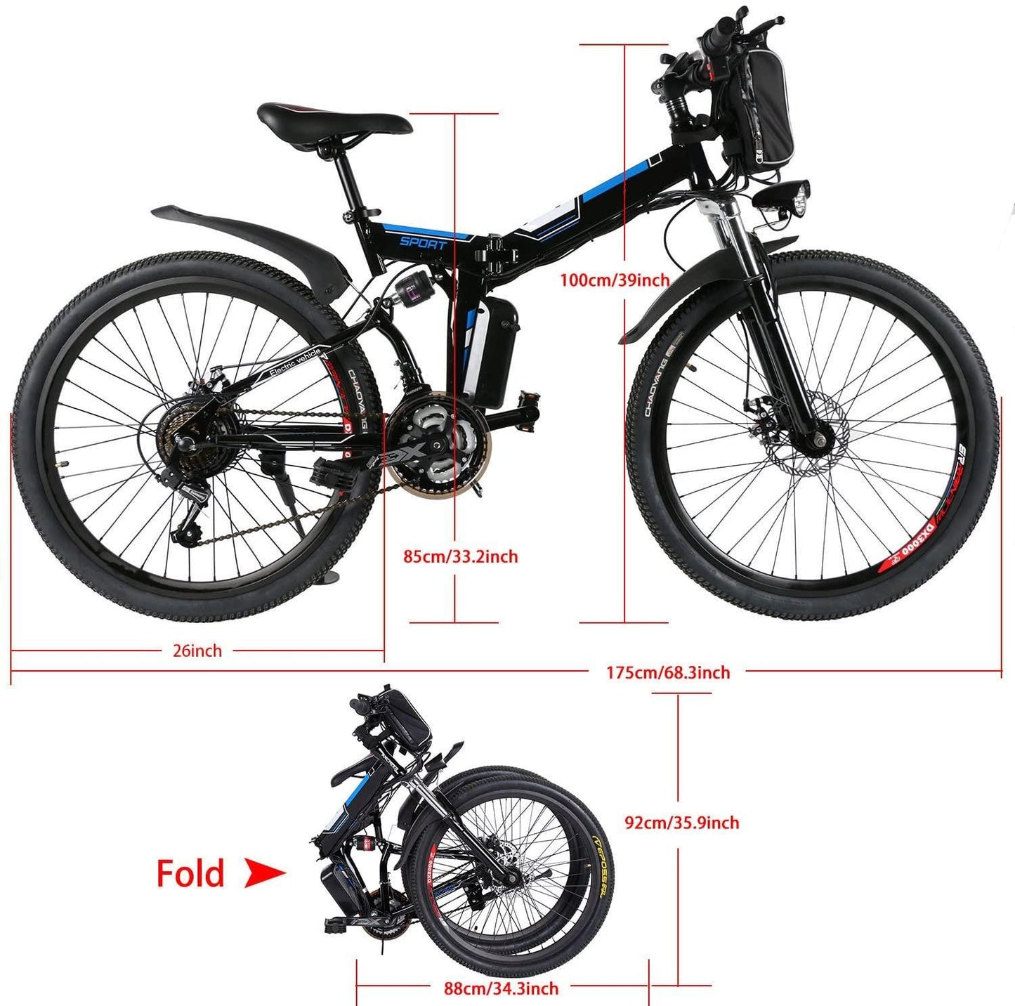 Yiilove 26'' Electric Bicycle Electric Mountain Bike for Adult with 36V Lithium-Ion Battery 250W Powerful Motor 21 Speed Ebike (Black Blue)