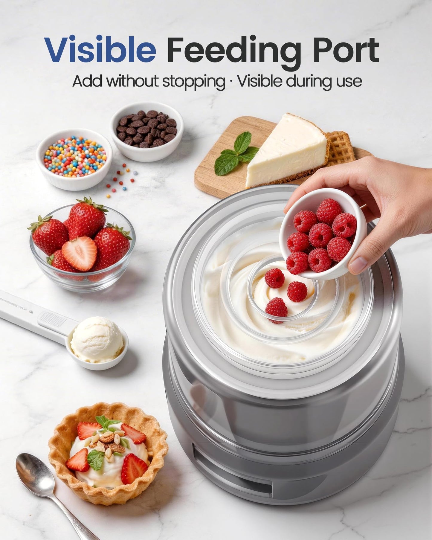 2.1 Qt Countertop Ice Cream Maker – Make Gelato, Sorbet & Frozen Yogurt in as Little as 20–30 Minutes, Fast Cooling, Visible Feeding Port, Easy 3-Button Control (Gray)