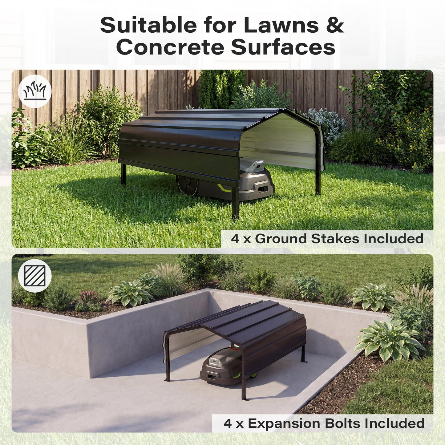 Robot Mower Garage, Outdoor StoraShed with Rust-Resistant Metal Roof, All-Weather Protection for Lawn Mowers, Garden Tool Fits Most Standard Lawn Mowers