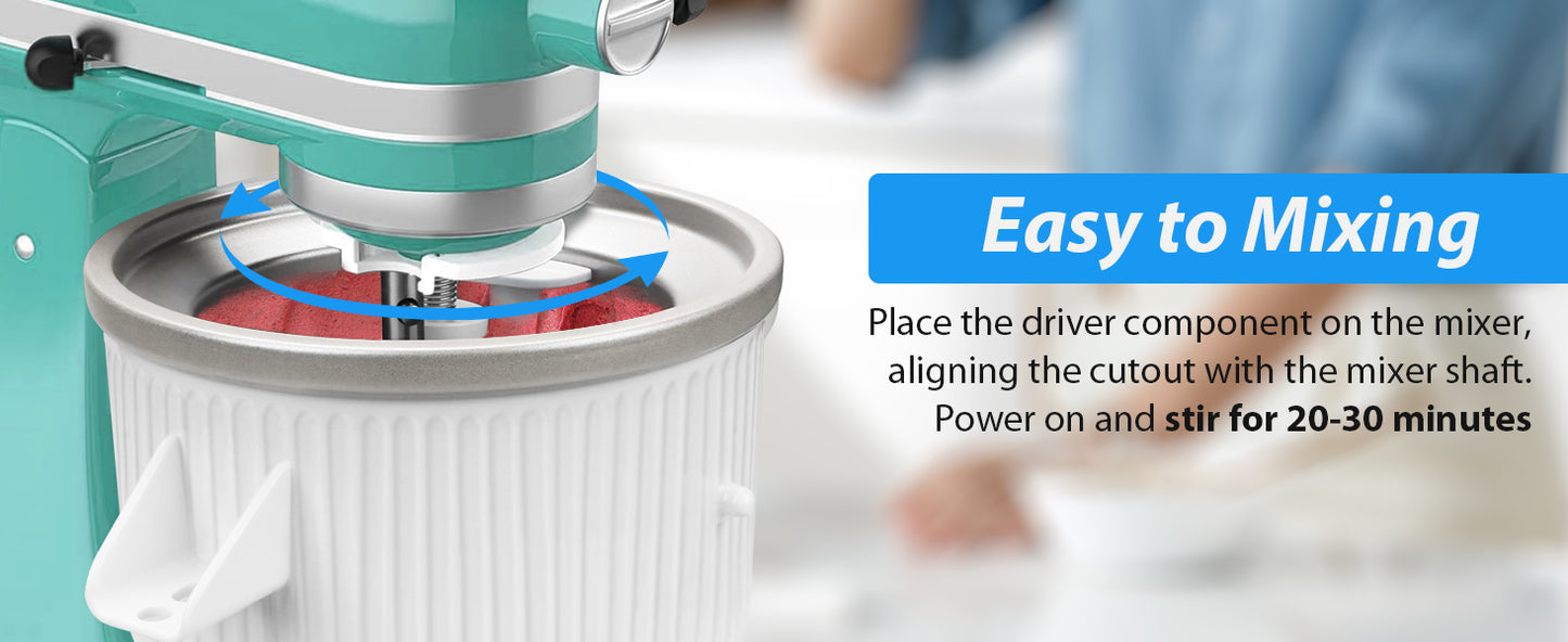 Ice Cream Maker Attachment: For  Stand Mixer, Fits 4.5/5QT/6QT/7QT Models. 2 Quart Capacity, Makes Frozen Yogurt & Gelato